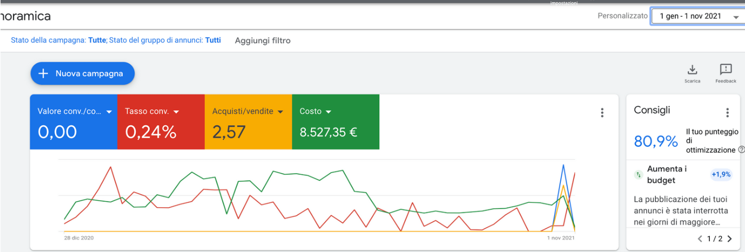 Situazione iniziale account Google Ads ecommerce casalinghi