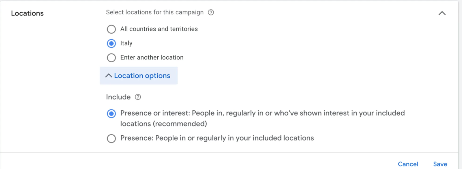 Targeting geografico errato — presenza e interesse